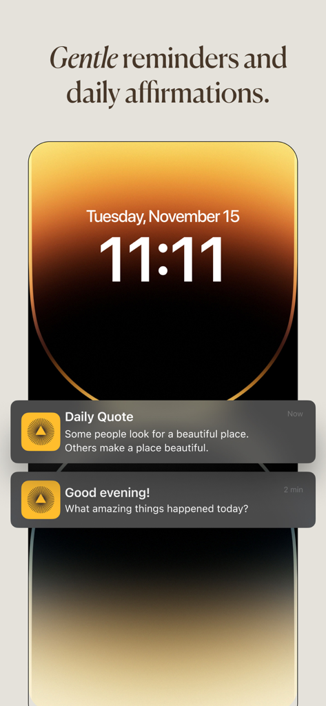 Five Minute Journal app notifications on an iPhone lock screen showing a daily quote and evening prompt