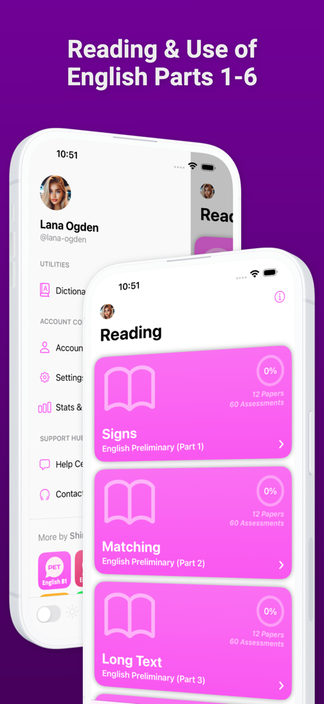 English B1 PET - English B1 PET app interface showing reading exercise categories and navigation menu