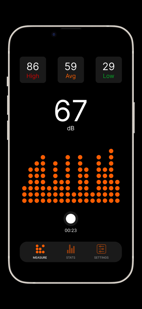 db Sound Meter | DBM - A real time sound meter app interface showing a 67 decibel reading with high average and low statistics