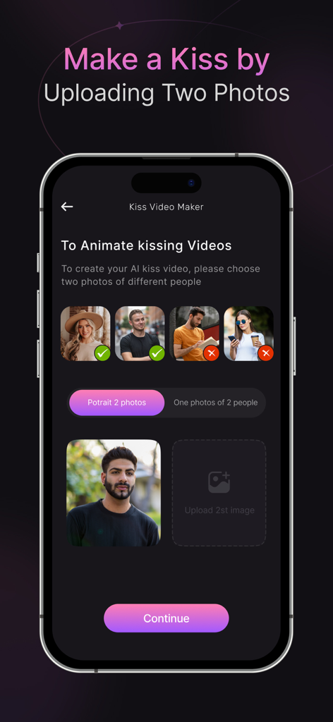 Interfaz de la aplicación Kiss Video Maker que muestra el paso para subir dos fotos para la animación de besos de IA