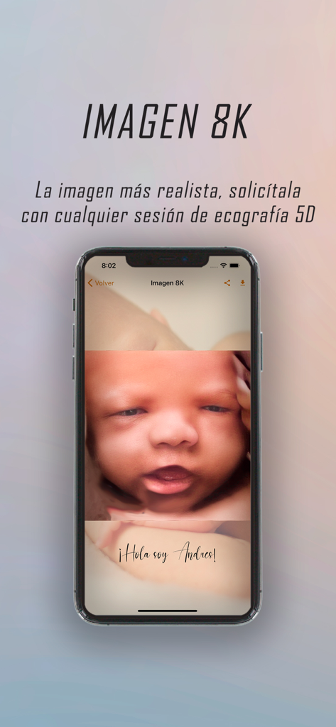 App Ecobebé - Una pantalla de smartphone mostrando una imagen de ultrasonido 8K realista de alta resolución del rostro de un bebé.
