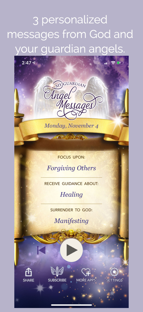 My Guardian Angel Messages - The My Guardian Angel Messages app interface displaying daily personalized spiritual guidance on a golden scroll