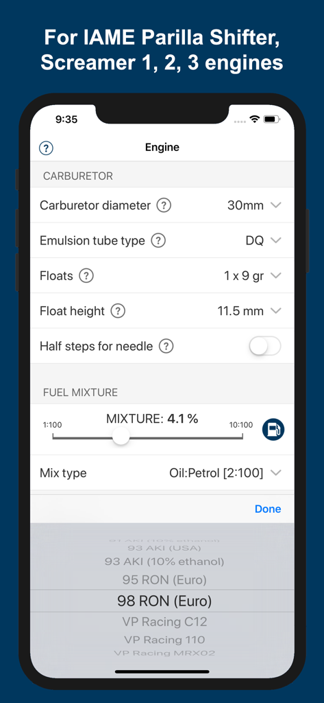 Jetting IAME KZ1 / KZ2 Kart - Tela de configuração do motor para o aplicativo de ajuste de carburador IAME kart mostrando as configurações do carburador e da mistura de combustível