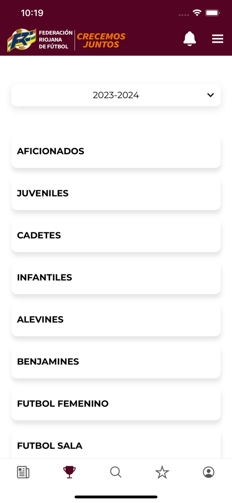 FRF - Lista de categorías de ligas de fútbol riojano en la app FRF