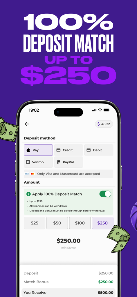 Wanna Parlay app deposit screen showing a 100 percent deposit match bonus up to 250 dollars and various payment methods