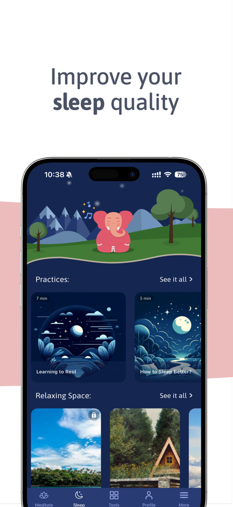 Interface do app Lojong com programas de meditação para dormir e temas relaxantes da natureza