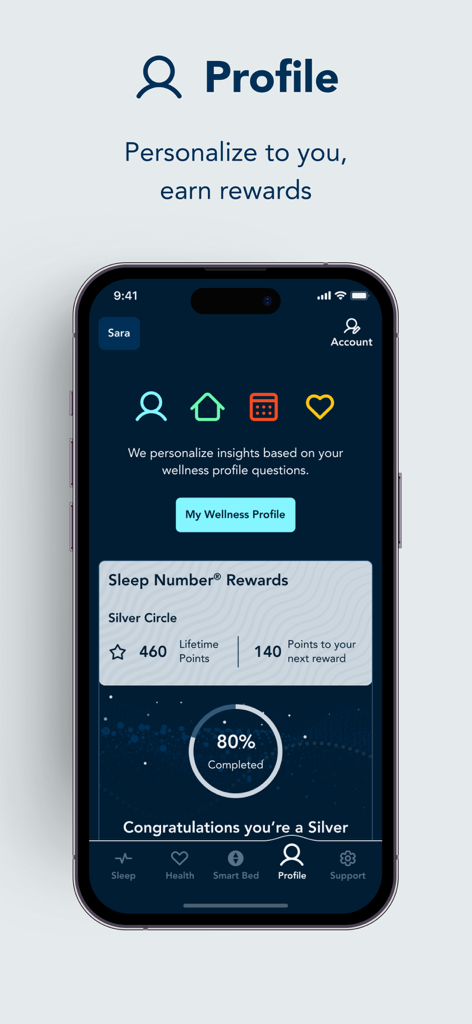 Silver Circle 등급에 대한 웰빙 프로필 설정 및 사용자 보상 진행 상황을 표시하는 Sleep Number 앱의 프로필 화면