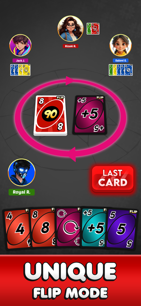 FLIP! Card Party with Friends - Four players participating in an online card game match with unique flip mode