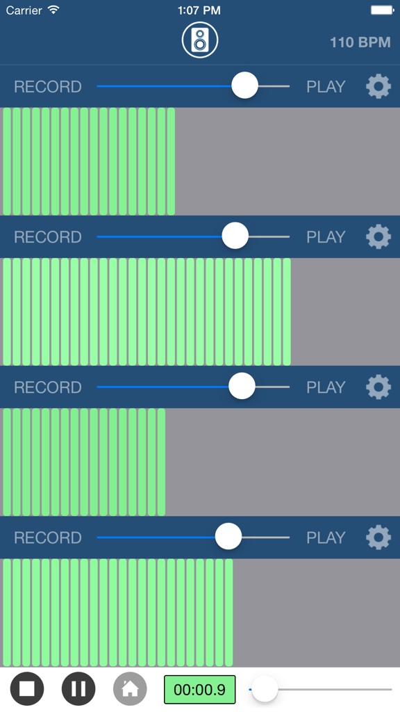 Multi Track Song Recorder Pro - Four track recording interface with volume sliders and green audio waveforms on a mobile device.