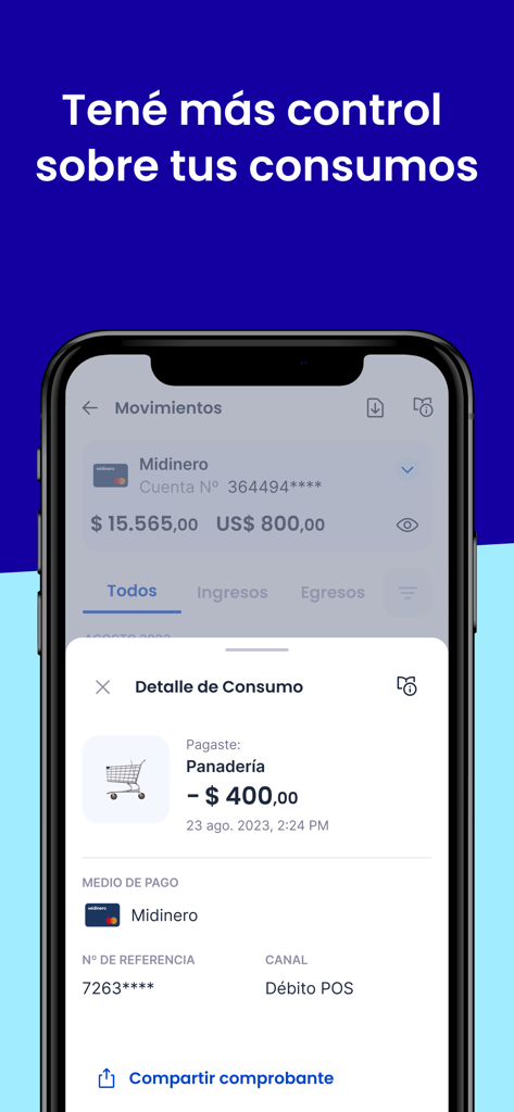 Midinero App - Un smartphone mostrando la interfaz de la aplicación Midinero con historial detallado de transacciones y funciones de control de consumo