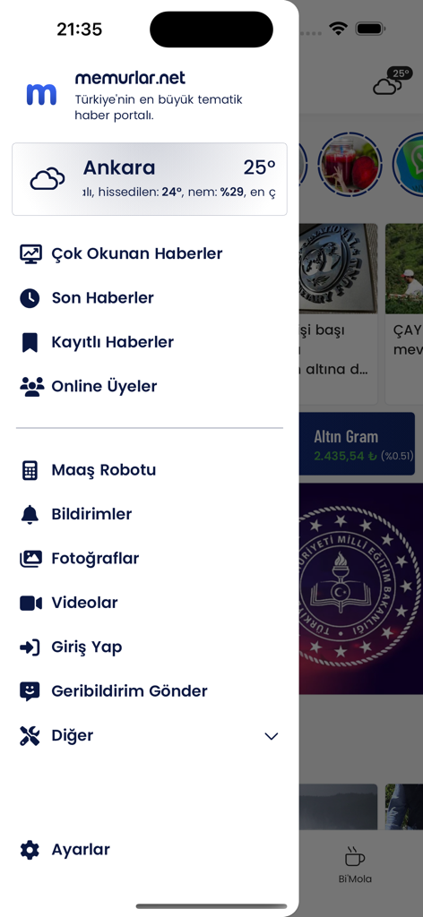 Menu latéral de l'application mobile Memurlar.net montrant les options de navigation en turc