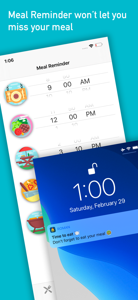 Pantalla de teléfono inteligente que muestra un horario de recordatorio de comidas y una notificación en la pantalla de bloqueo de la aplicación Roman.