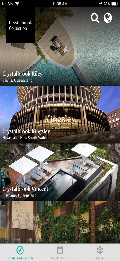 Crystalbrook - Interfaz de la aplicación Crystalbrook que muestra una lista de hoteles y resorts de lujo, incluyendo ubicaciones en Cairns, Newcastle y Brisbane