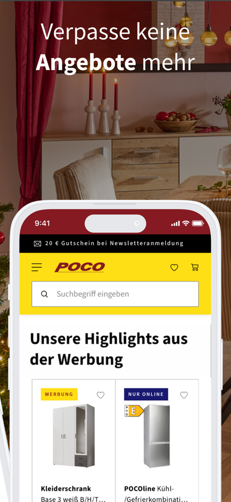 POCO I Möbel, Deko & Prospekte - Smartphone screen showing furniture deals and advertising highlights on the POCO mobile app