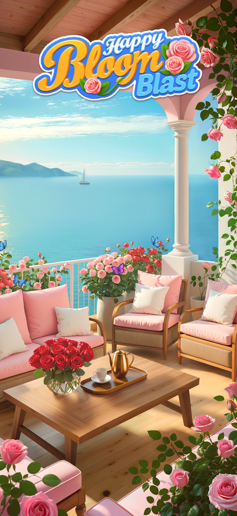 Happy Bloom Blast - Decoração de terraço Happy Bloom Blast com rosas e vista para o mar