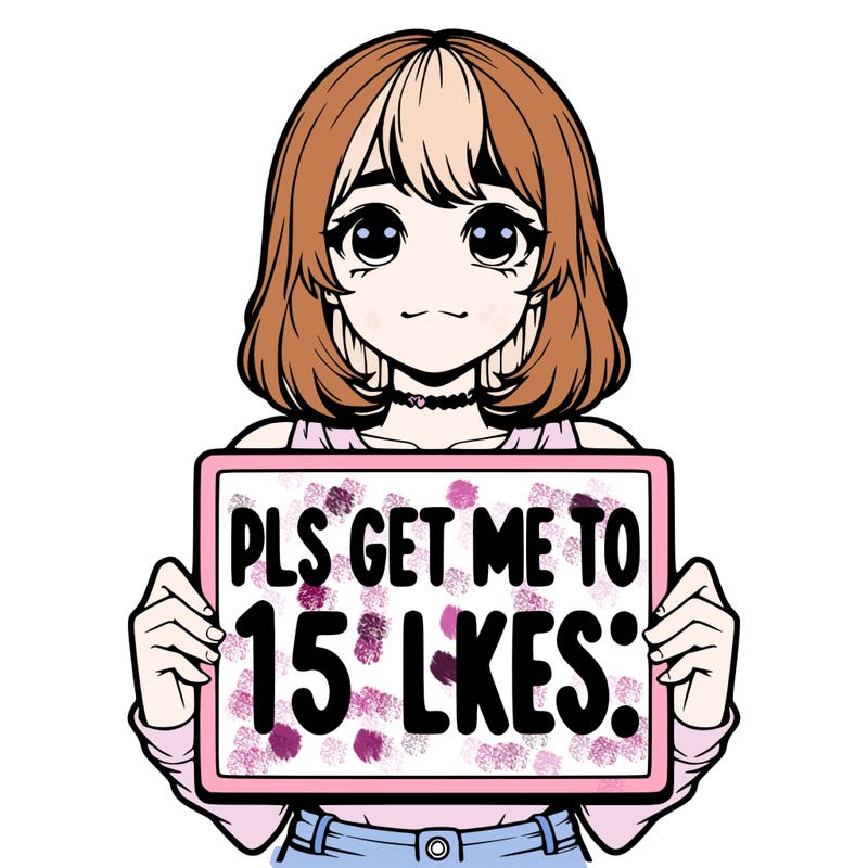realistic girl holding up a sign that says “pls get me to 15 likes!”