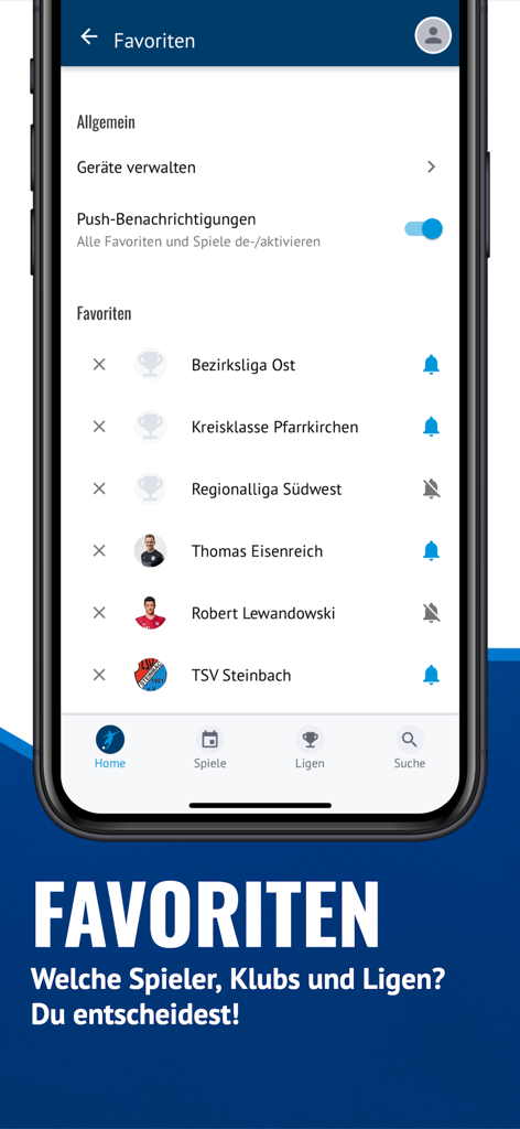 Captura de tela da tela de gerenciamento de favoritos do aplicativo FuPa mostrando ligas de futebol, jogadores e clubes personalizados para configurações de notificação