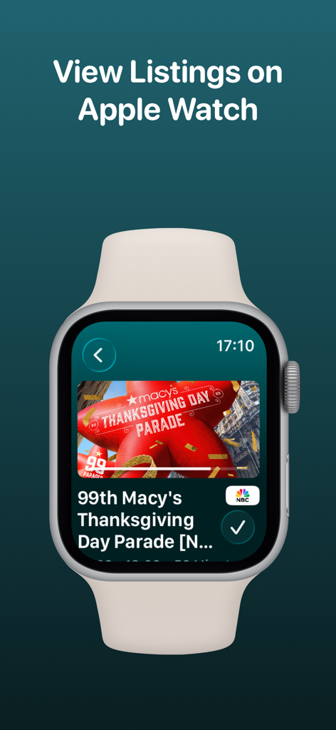 TV Launcher - Live US Channels - TV Launcher app on Apple Watch displaying a live TV listing for the Macy's Thanksgiving Day Parade on NBC.