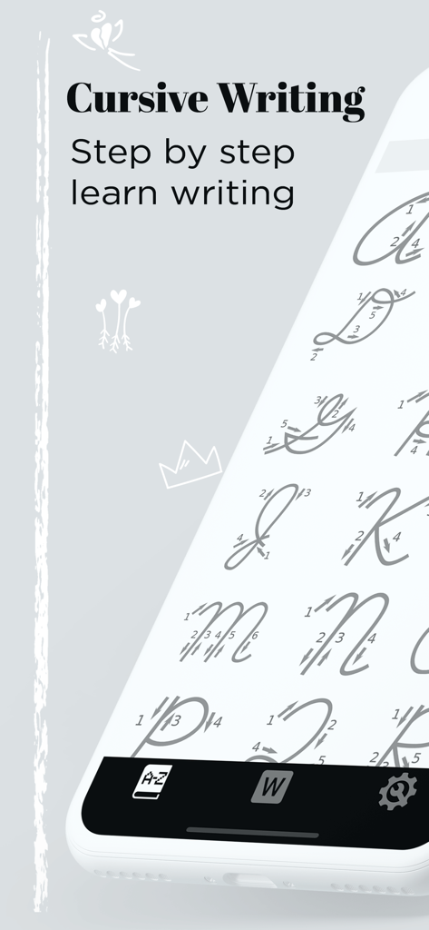 Cursive alphabet tracing guide with numbered arrows for step by step learning