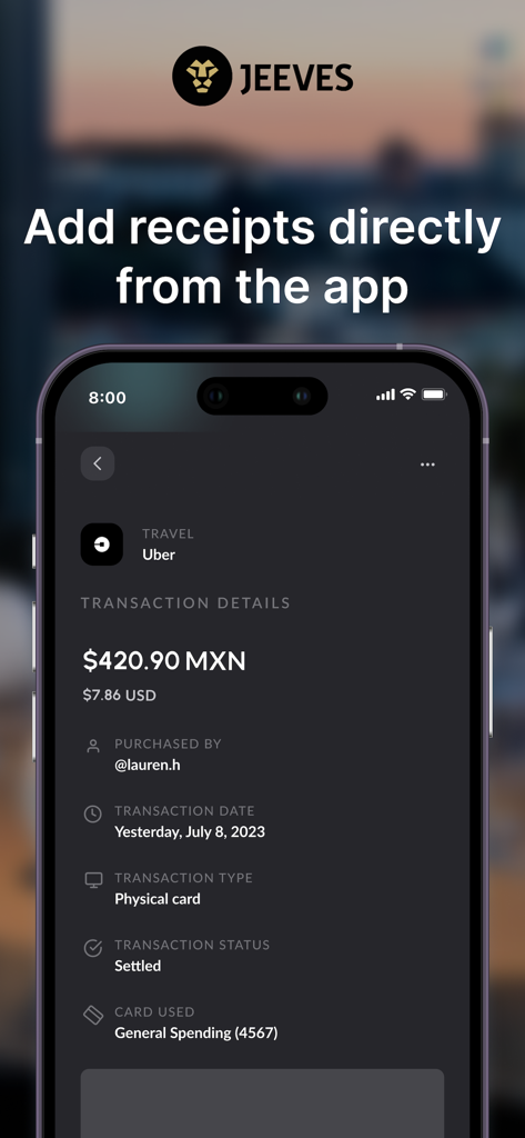 Smartphone screen of Jeeves app displaying transaction details for an Uber expense and a prompt to add receipts
