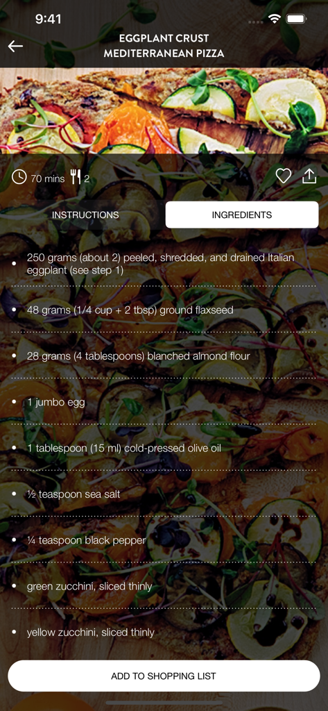 Paleo Plate - Paleo Plate app screen showing ingredients for Eggplant Crust Mediterranean Pizza