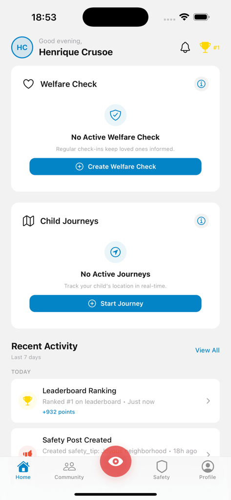 My Watchman - My Watchmanアプリのホームダッシュボード。安否確認と子供の移動追跡セクションが表示されています。