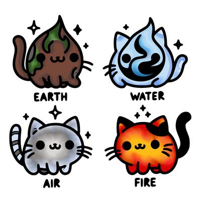 4 cats that represent the different elements, earth, water, air, and fire
