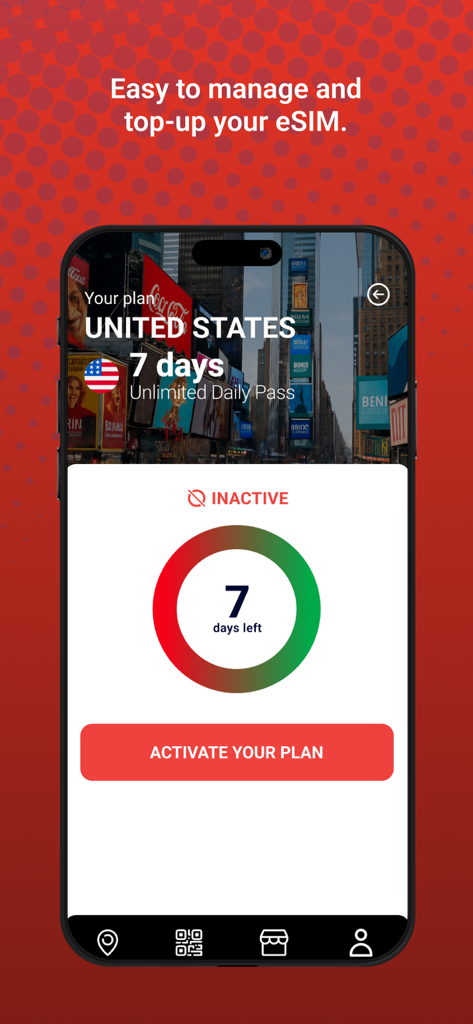 L2 Travel SIM app interface showing a 7-day United States data plan with activation button