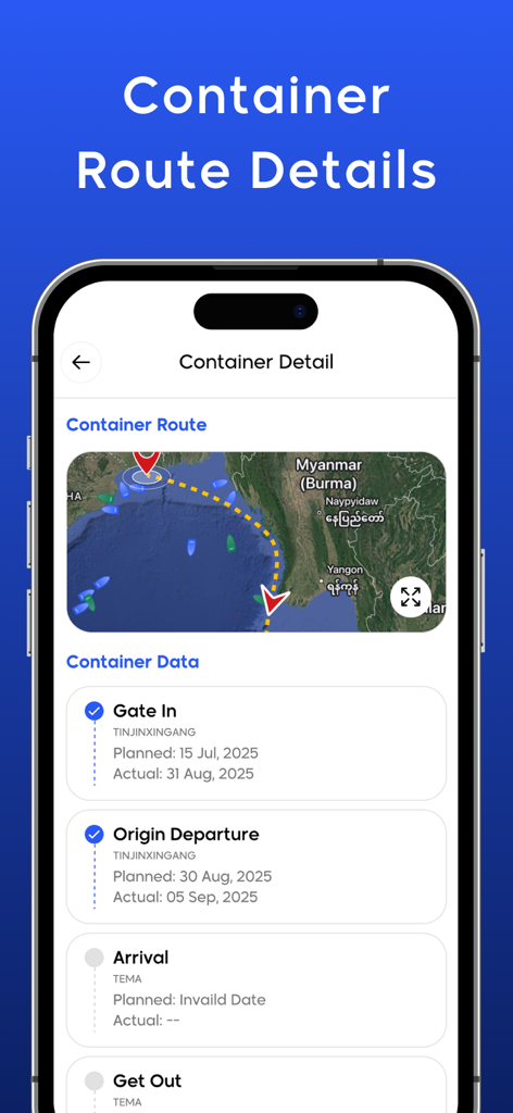 My Ship Tracker app displaying a container route map and detailed logistics timeline