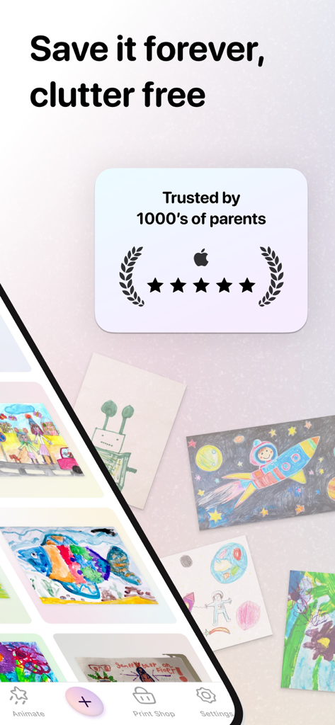 Tela do aplicativo Keepbox exibindo desenhos infantis para armazenamento sem bagunça
