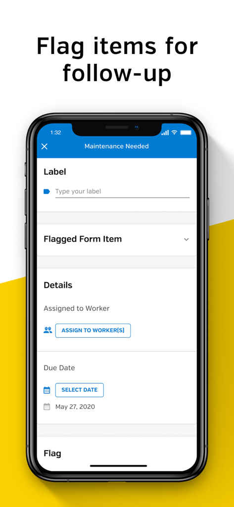 SiteDocs mobile app screen for flagging maintenance items and assigning follow-up tasks to workers