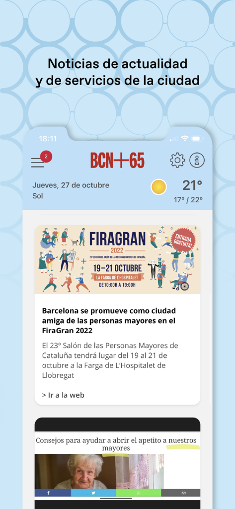 BCN+65 - 바르셀로나 시니어들을 위한 뉴스, 도시 서비스 및 이벤트 정보를 보여주는 BCN+65 앱 인터페이스
