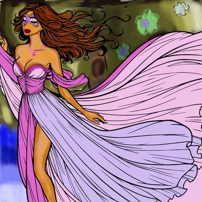 realistic woman in dress flowing the the wind