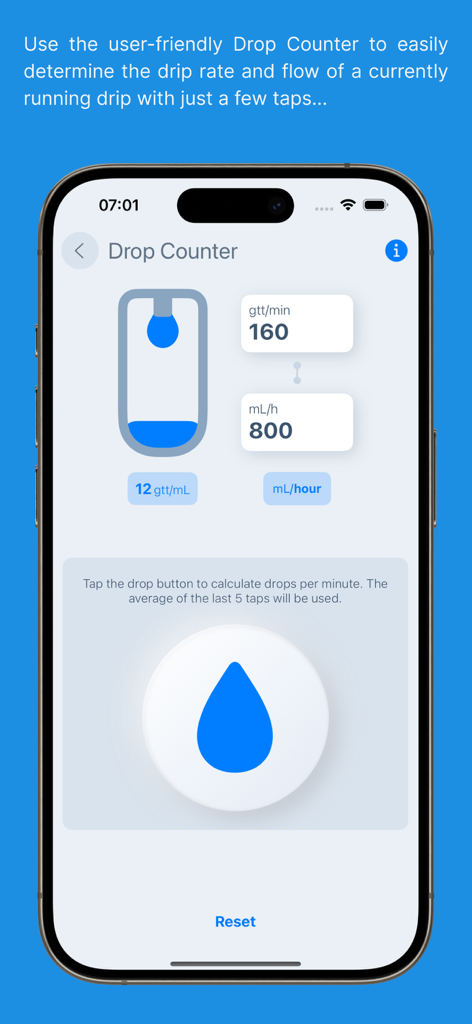 EasyDrops IV Drip Calculator app showing the drop counter feature