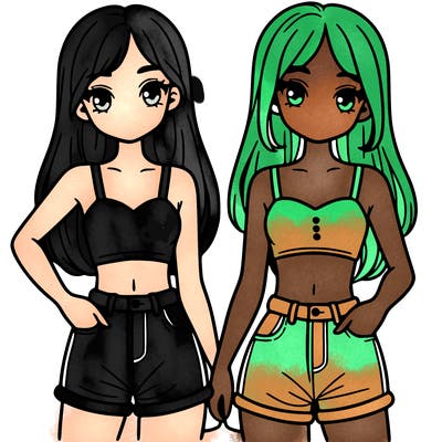 two sisters with crop tops and jean shorts and straight hair