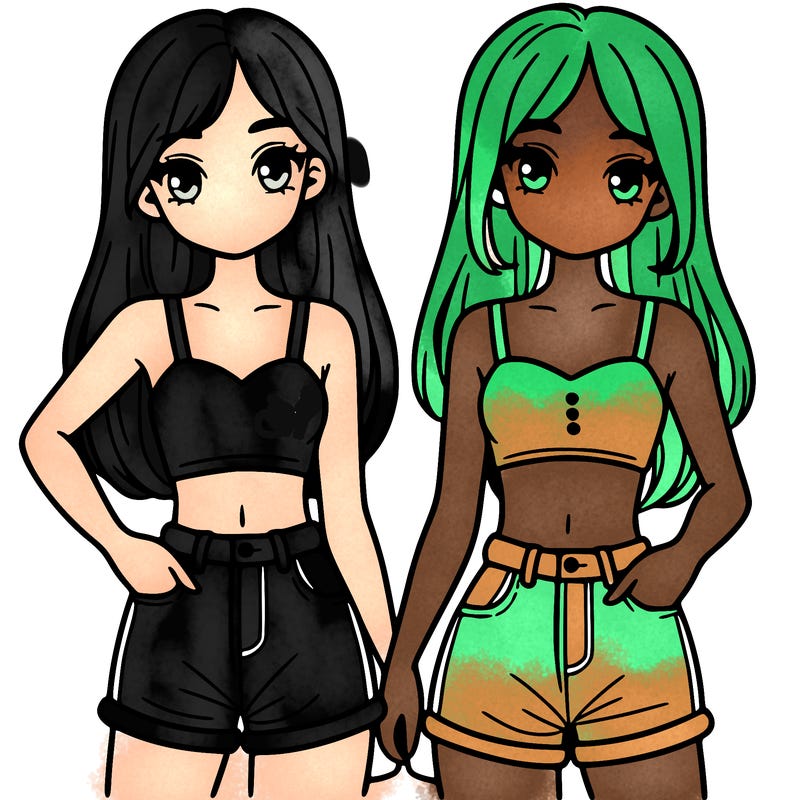 two sisters with crop tops and jean shorts and straight hair