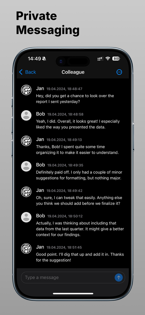 A smartphone screen displaying a secure private messaging interface in dark mode from the Filen app, showing a professional chat conversation between two users.