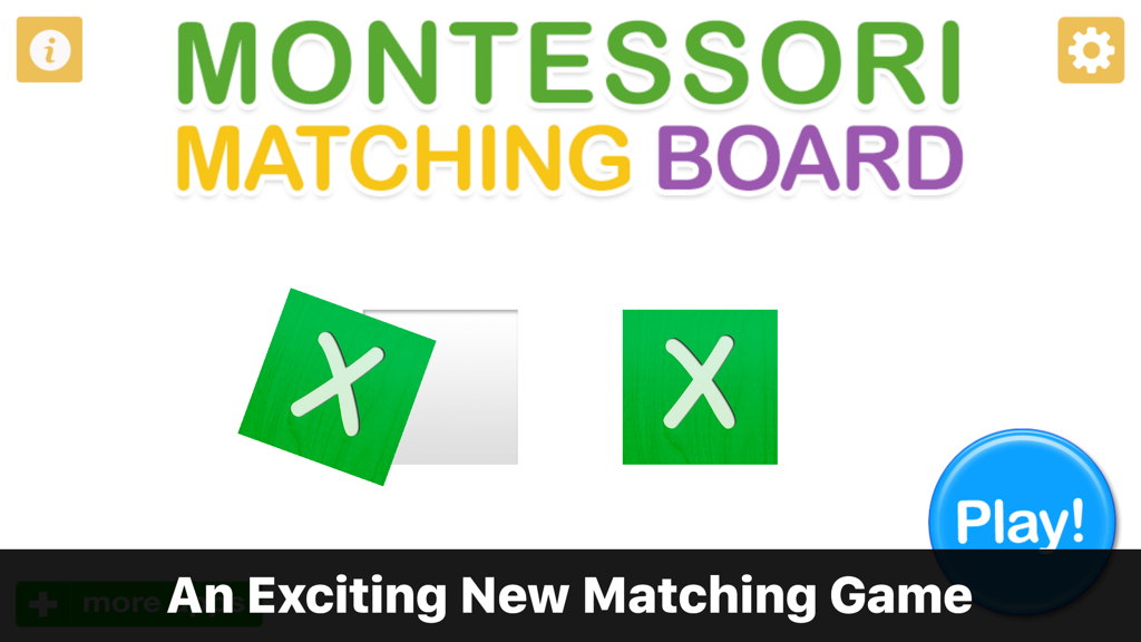 Montessori Matching Board - The home screen of the Montessori Matching Board app showing a letter matching game and a blue play button.