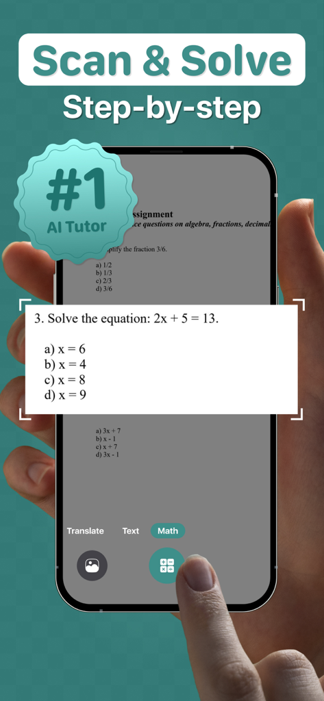 Bildschirm eines Smartphones, das die Tomath AI-App beim Scannen einer Matheaufgabe für eine Schritt-für-Schritt-Lösung zeigt