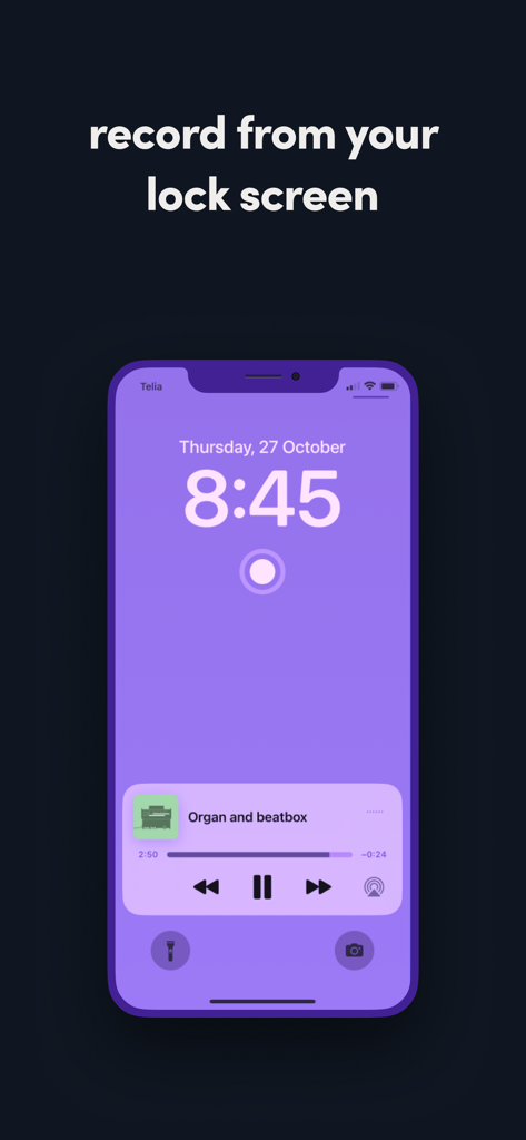 iPhone lock screen showing the Tape It recording widget and music player