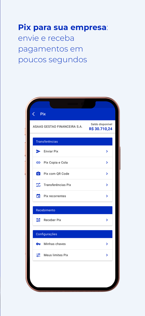 Asaas app interface showing Pix transfer and receipt options for business accounts