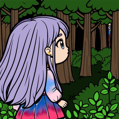 girl looking in the woods