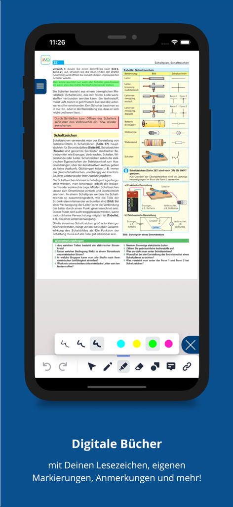 Eine Seite eines digitalen technischen Lehrbuchs in der EUROPATHEK-App, die Schaltpläne und mobile Annotationswerkzeuge zeigt