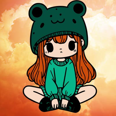 a girl wearing a frog hat and some frog socks