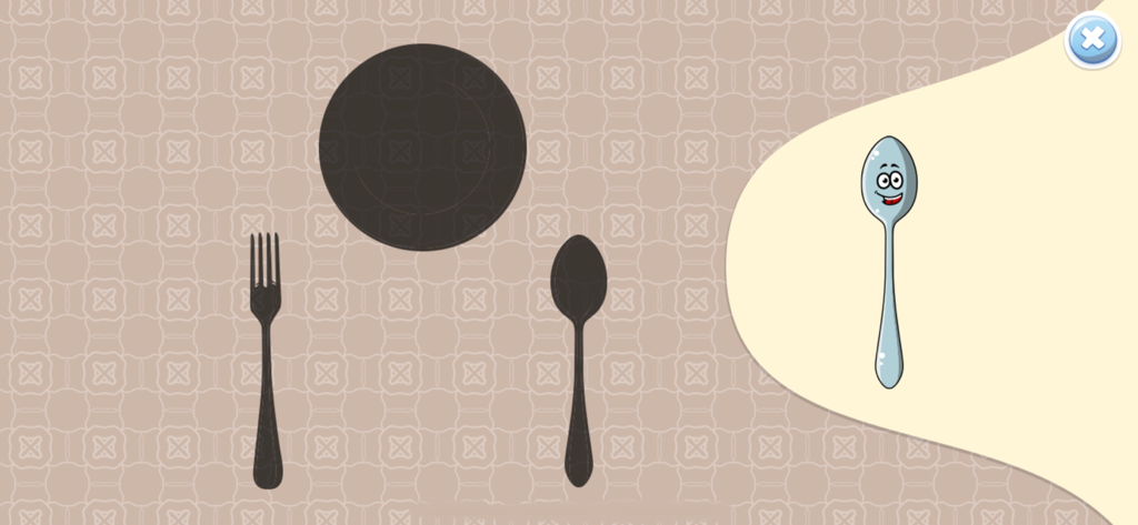 Un gioco di abbinamento per bambini con un cucchiaio a cartoni animati e sagome di ombre di utensili da cucina.