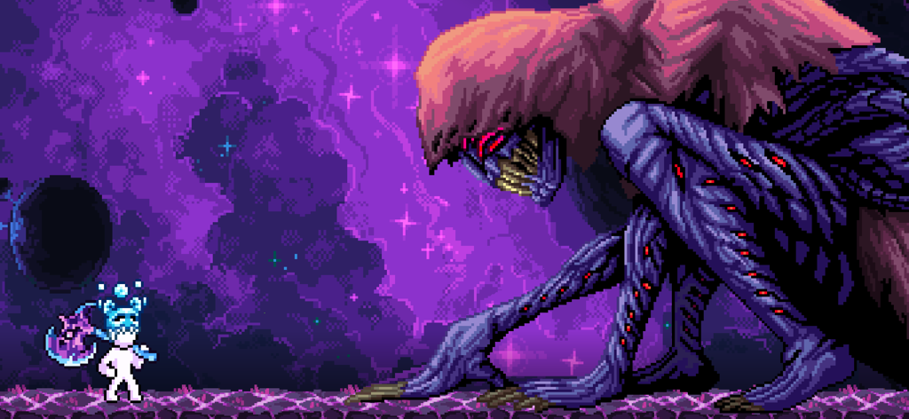 Kleiner Pixel-Art-Krieger mit einer großen Axt, der einem riesigen Bossmonster gegenübersteht