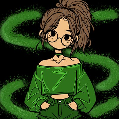 girl with a messy ponytail glasses a baggy crop top and jean shorts