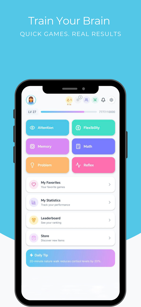 Reflexly - Brain Training - The main dashboard of the Reflexly app displaying cognitive training categories like Memory, Math, and Focus.