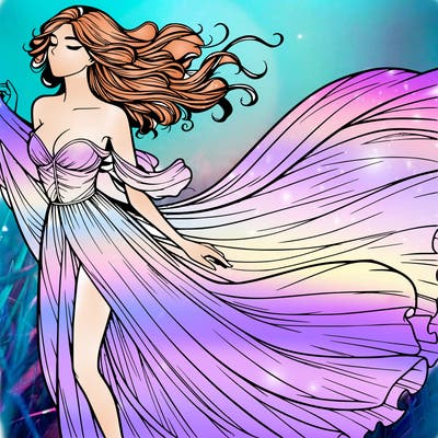 realistic woman in dress flowing the the wind