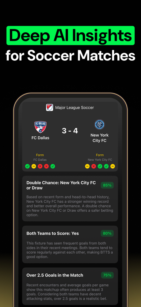 WinAI: AI Sports Betting Tips - Pantalla de la aplicación móvil WinAI mostrando predicciones de apuestas deportivas generadas por IA y puntuaciones de probabilidad para un partido de la Major League Soccer.